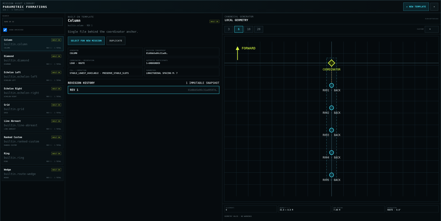 ZERGIIE's software formation library showing the Column template, configuration details, and a six-placement coordinator-relative geometry preview.